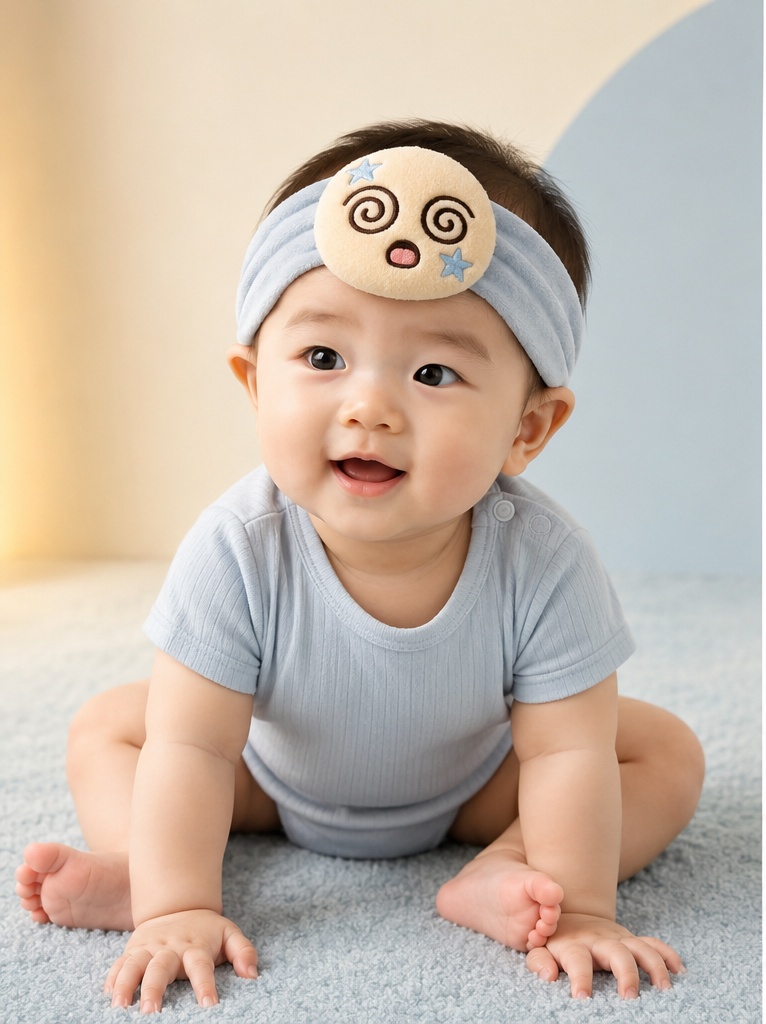 Bandeau bébé emoji peluche bleu – design extensible apprécié des acheteurs B2B