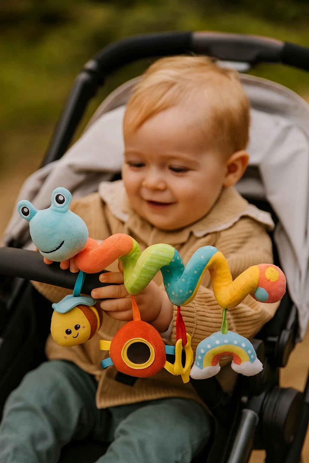 Móbile espiral sensorial para bebê – macio, lavável e estimulante multissensorial (0–2 anos)