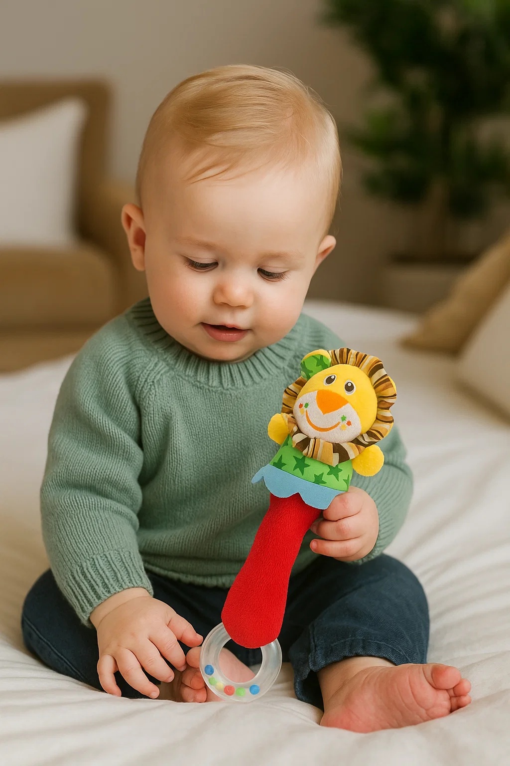 Weicher Baby-Rassel mit Tiermotiv – Sicher, waschbar und sensorisch anregend (0–2 Jahre)
