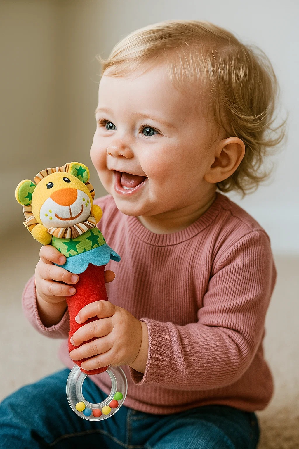 Hochet pour bébé avec tête de lion – doux, lavable et stimulant sensoriel (0–2 ans)