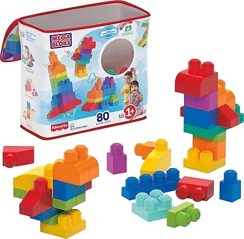 Mega Building Blocks Set – 80-Piece Toddler Construction Toy in Eco Storage Bag for Group Play