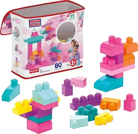 Mega Bloks Pink Set – 80-Piece Toddler Building Toy with Soft Colors & Storage Bag