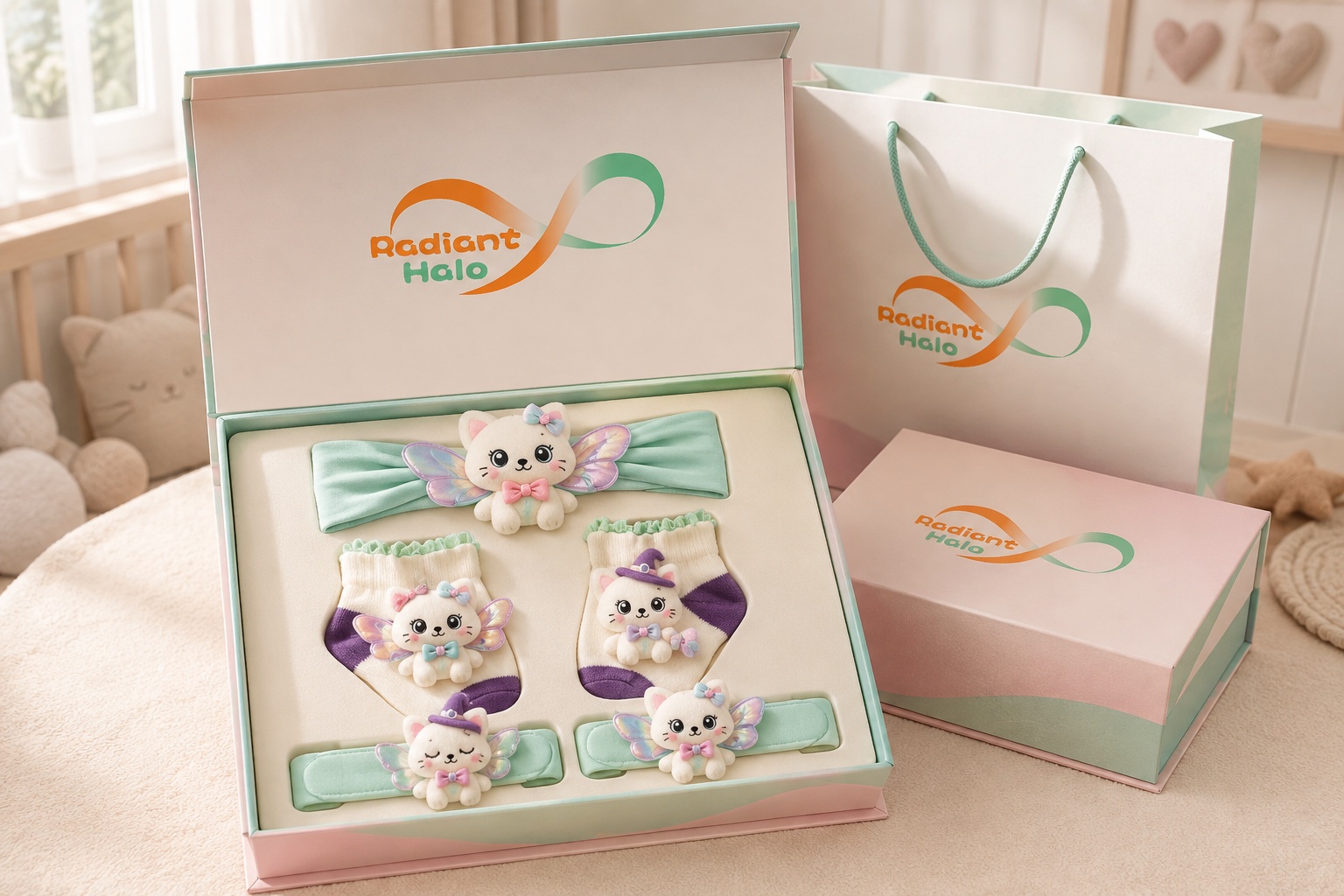 Wholesale Fairy Cat Plush Baby Gift Set – Coordinated Headband, Socks & Wristbands for Boutique & Custom Orders