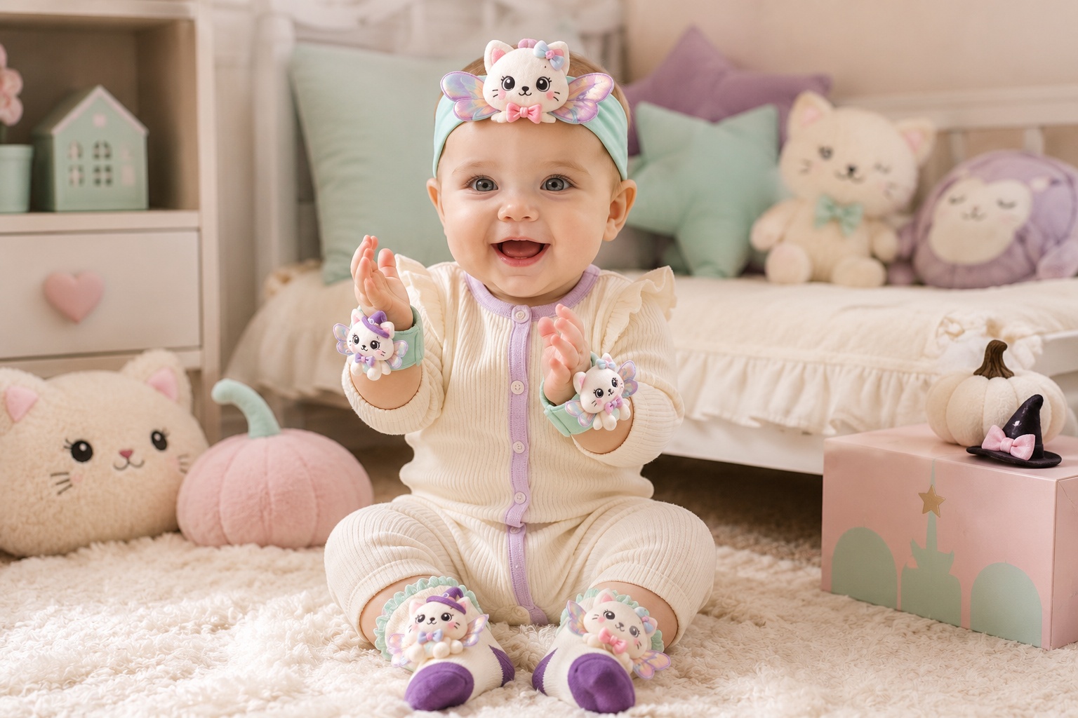 Wholesale Fairy Cat Plush Baby Gift Set – Coordinated Headband, Socks & Wristbands for Boutique & Custom Orders