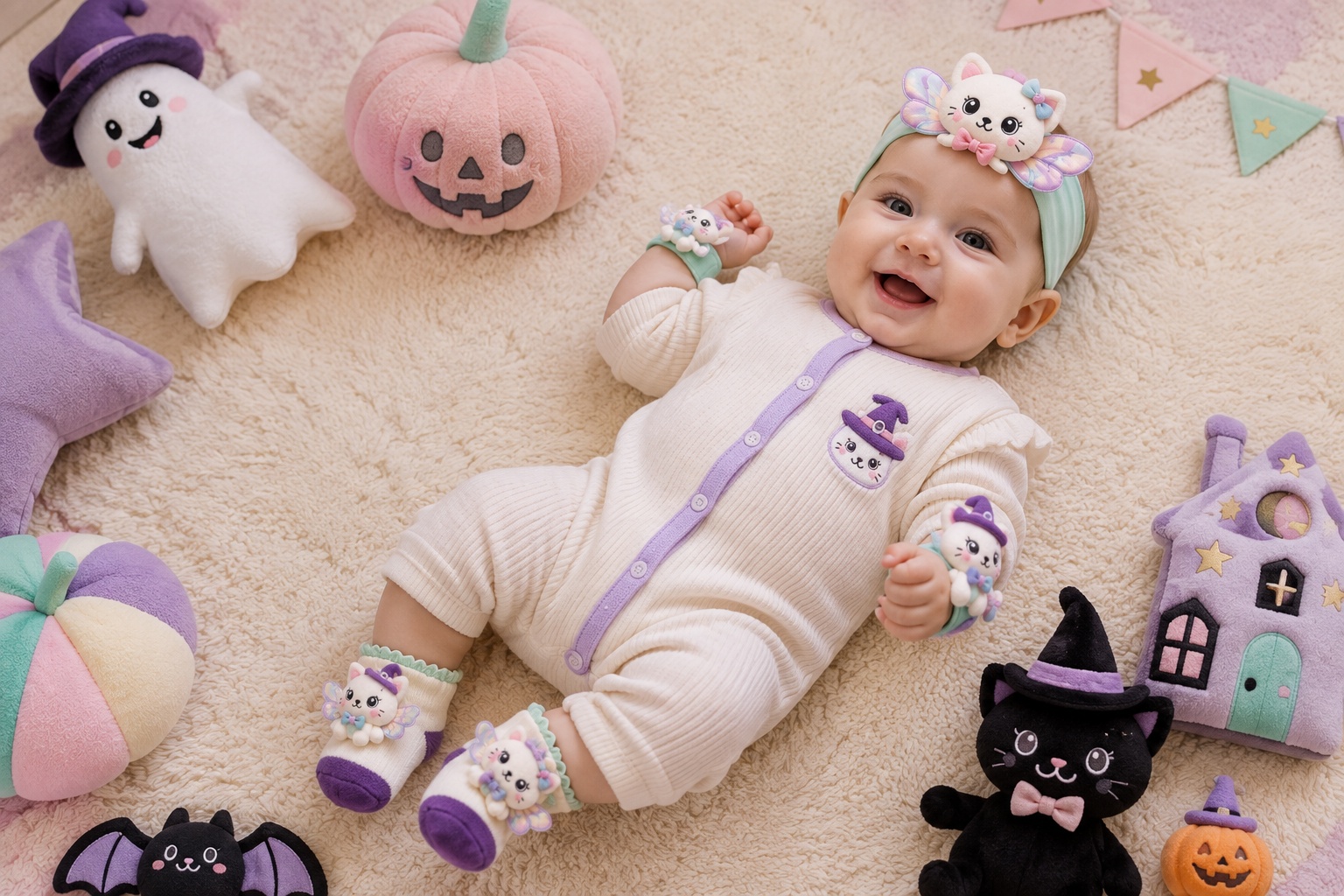 Wholesale Fairy Cat Plush Baby Gift Set – Coordinated Headband, Socks & Wristbands for Boutique & Custom Orders