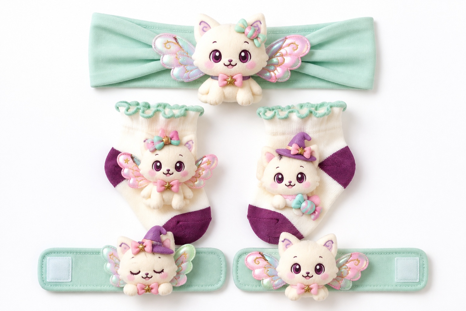 Wholesale Fairy Cat Plush Baby Gift Set – Coordinated Headband, Socks & Wristbands for Boutique & Custom Orders
