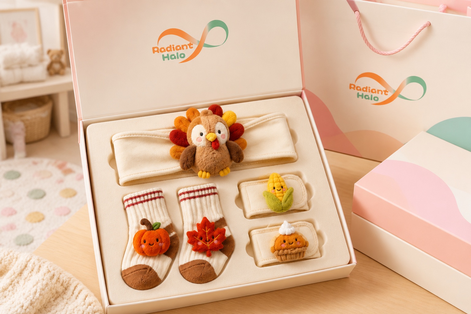 OEM Fall Harvest Baby Turkey Headband Socks and Wristband Gift Set for Baby Boutiques