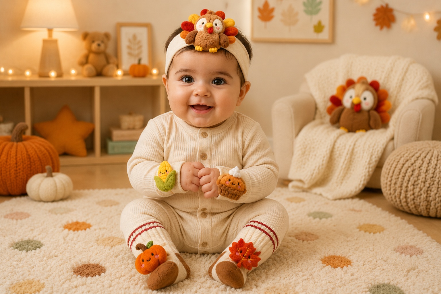OEM Fall Harvest Baby Turkey Headband Socks and Wristband Gift Set for Baby Boutiques