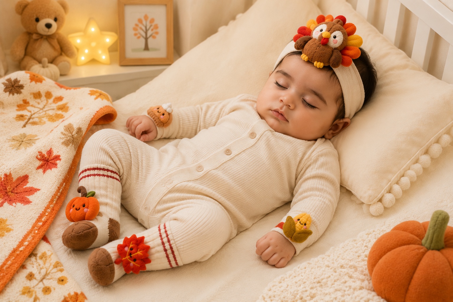 OEM Fall Harvest Baby Turkey Headband Socks and Wristband Gift Set for Baby Boutiques