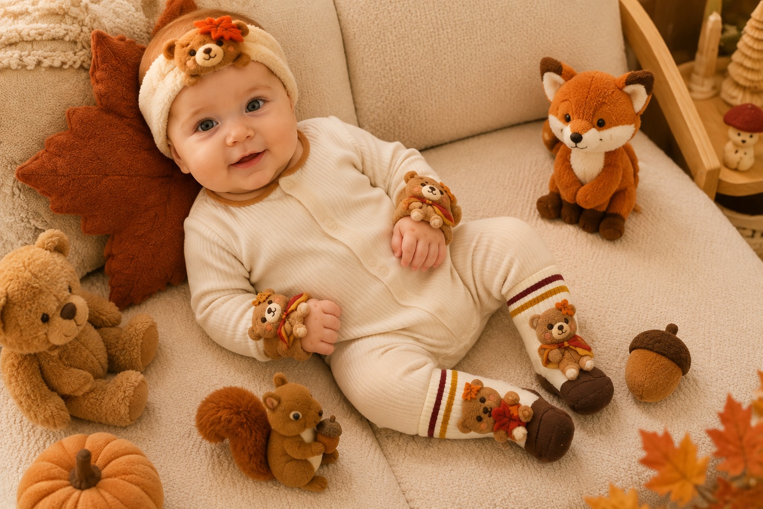 Wholesale Autumn Teddy Bear Baby Headband, Socks & Wrist Rattle Gift Set | Custom Retail Collection