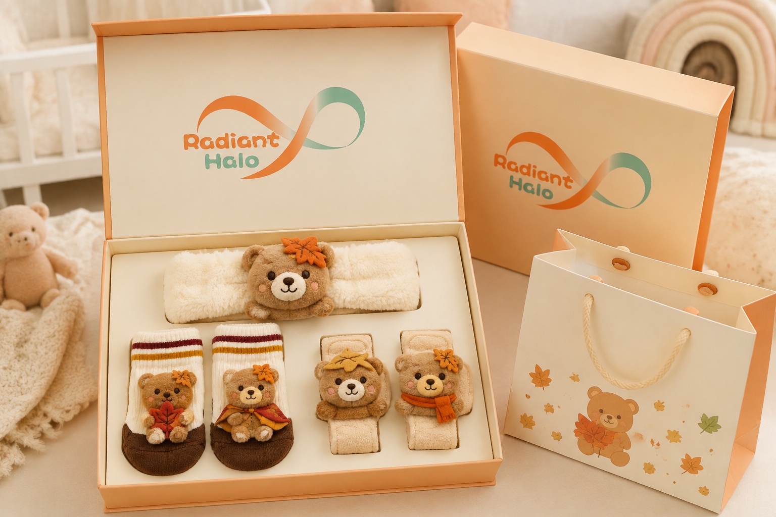 Wholesale Autumn Teddy Bear Baby Headband, Socks & Wrist Rattle Gift Set | Custom Retail Collection