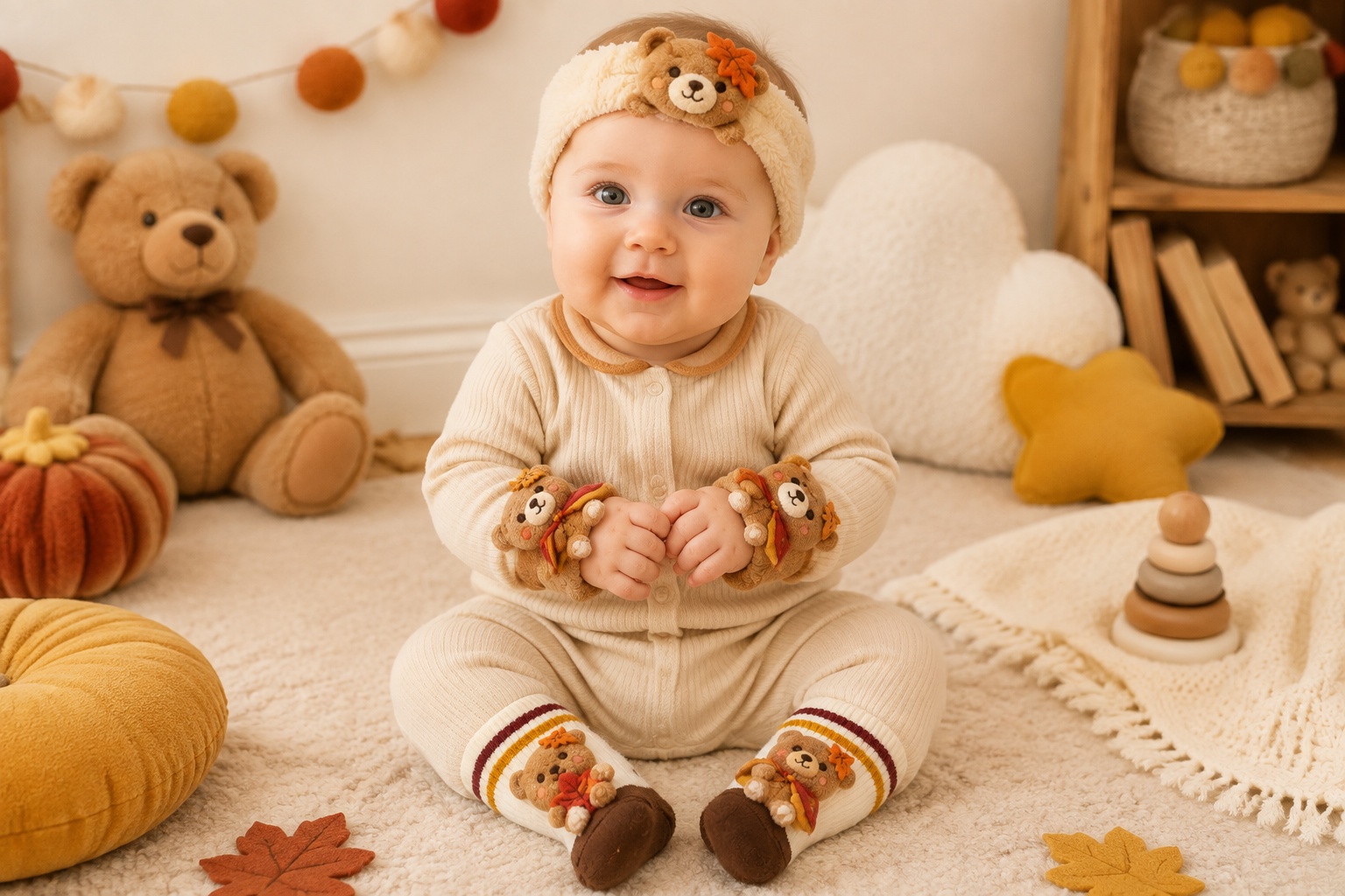 Wholesale Autumn Teddy Bear Baby Headband, Socks & Wrist Rattle Gift Set | Custom Retail Collection