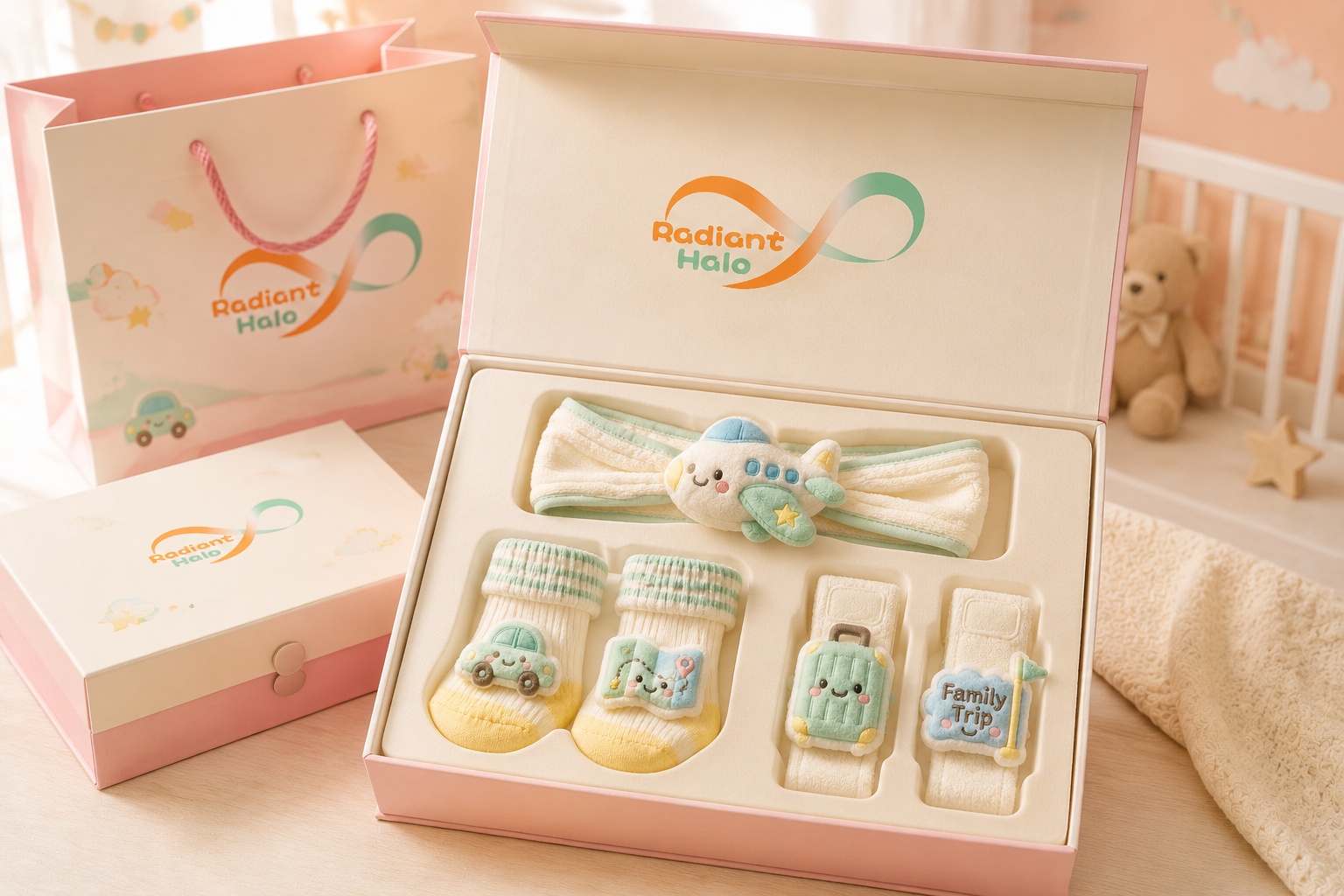Wholesale Family Trip Baby Plush Gift Set – Airplane Headband, Travel Socks & Soft Wristbands
