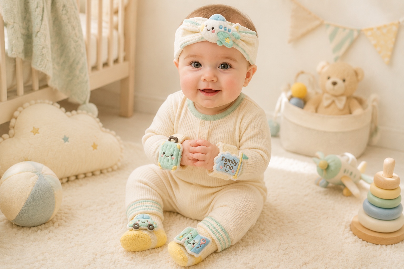 Wholesale Family Trip Baby Plush Gift Set – Airplane Headband, Travel Socks & Soft Wristbands
