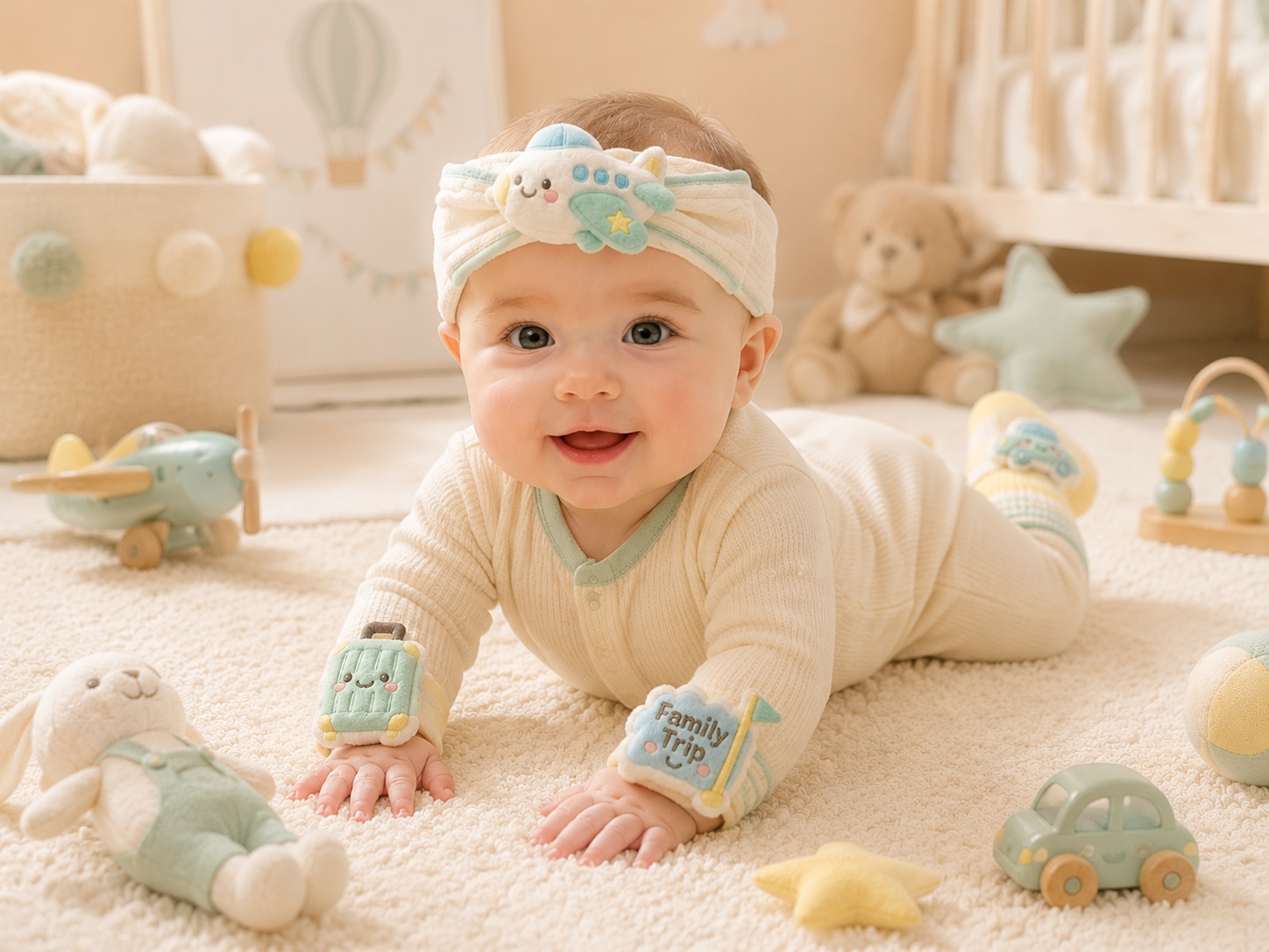 Wholesale Family Trip Baby Plush Gift Set – Airplane Headband, Travel Socks & Soft Wristbands