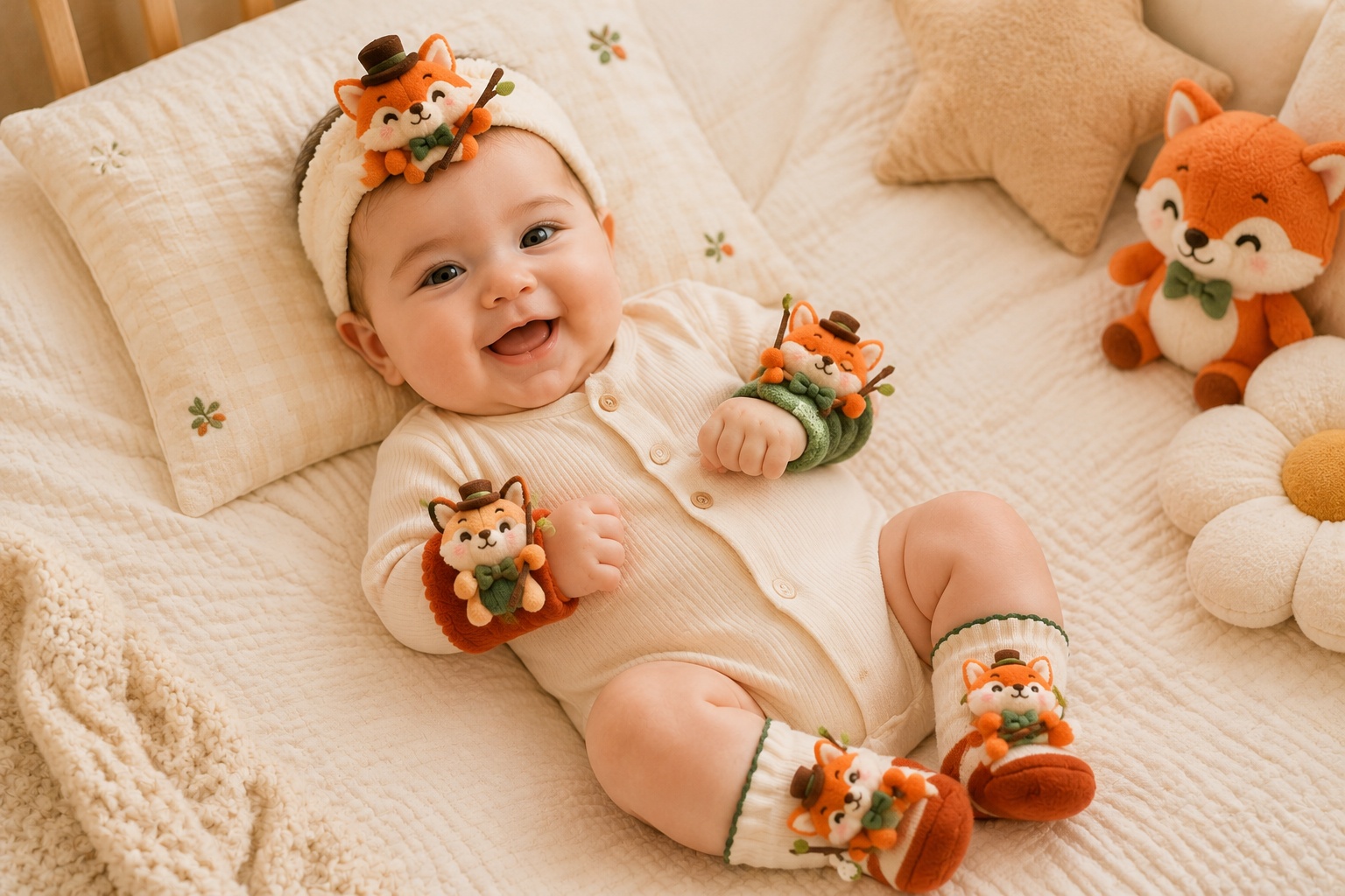Wholesale Custom Woodland Fox Baby Gift Set – Plush Headband, Baby Socks & Wrist Rattles