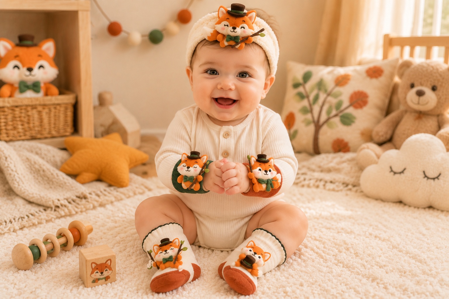 Wholesale Custom Woodland Fox Baby Gift Set – Plush Headband, Baby Socks & Wrist Rattles