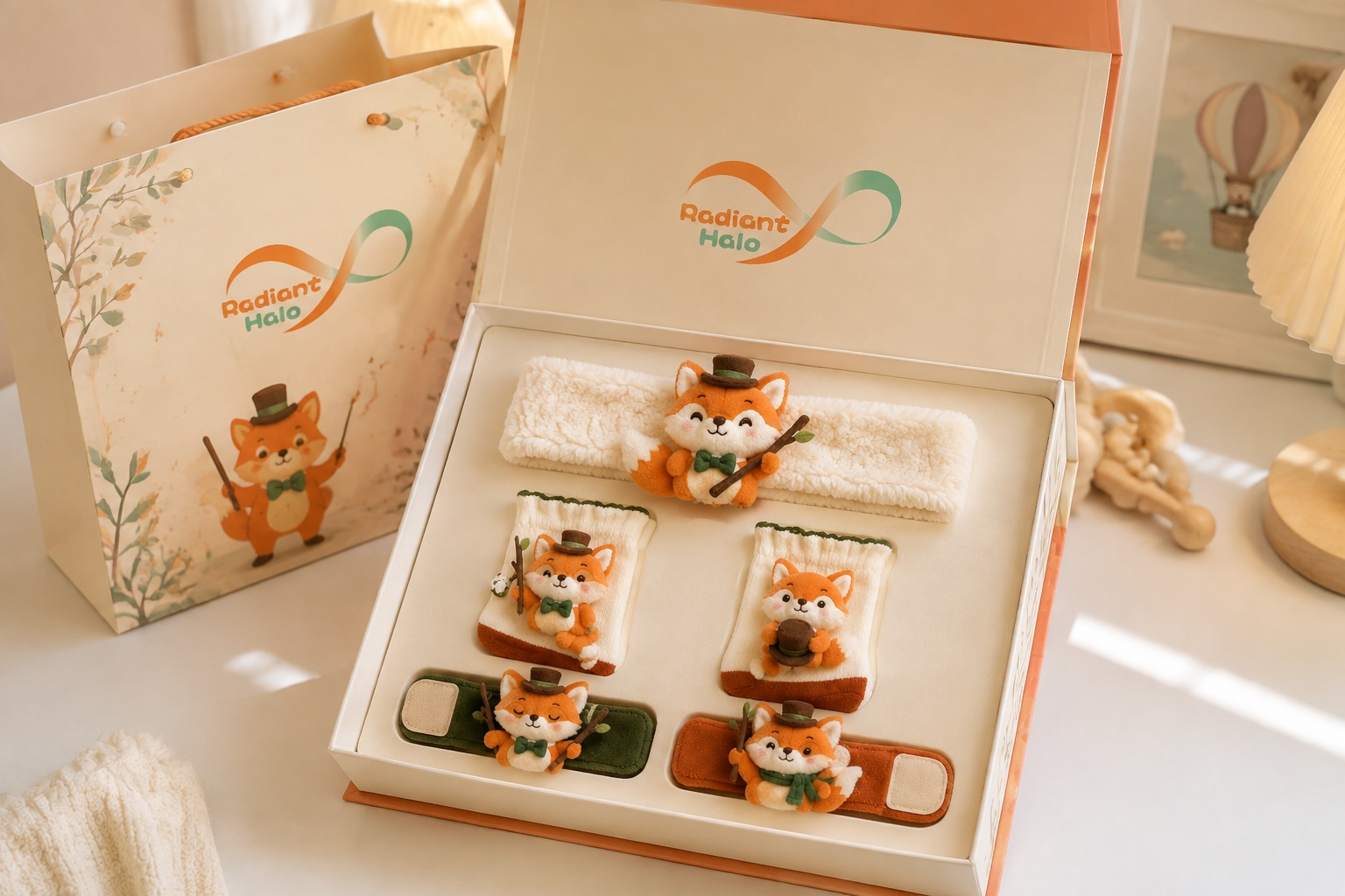 Wholesale Custom Woodland Fox Baby Gift Set – Plush Headband, Baby Socks & Wrist Rattles