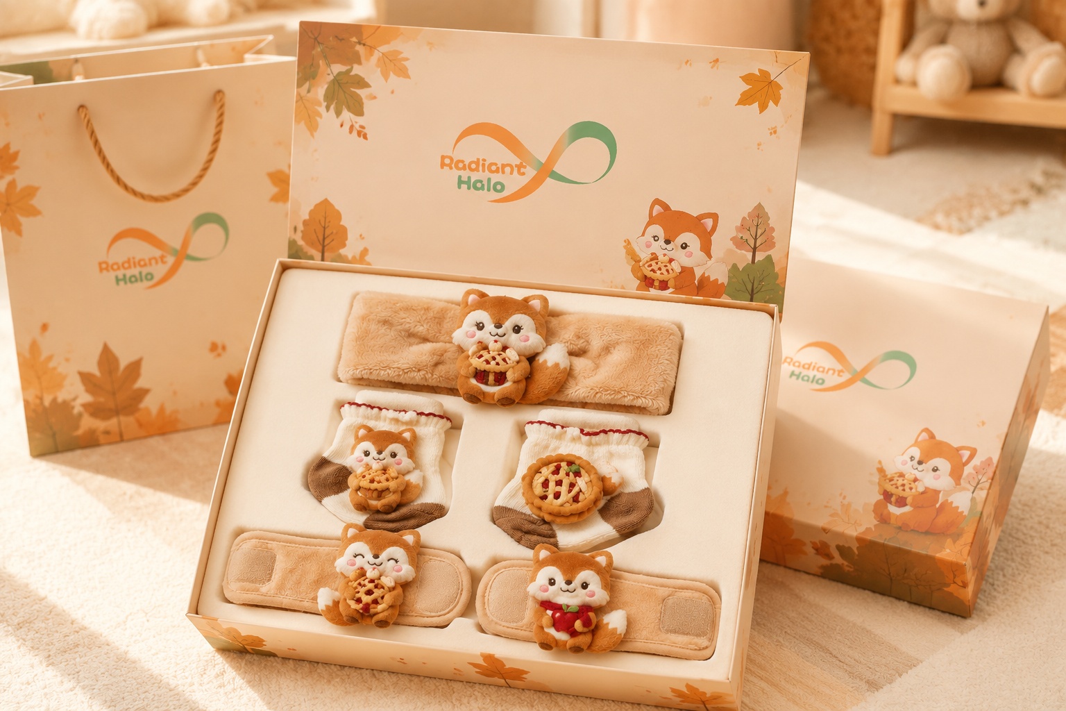 Wholesale Fox Plush Baby Headband Gift Set with Socks & Wristbands for Boutique Buyers