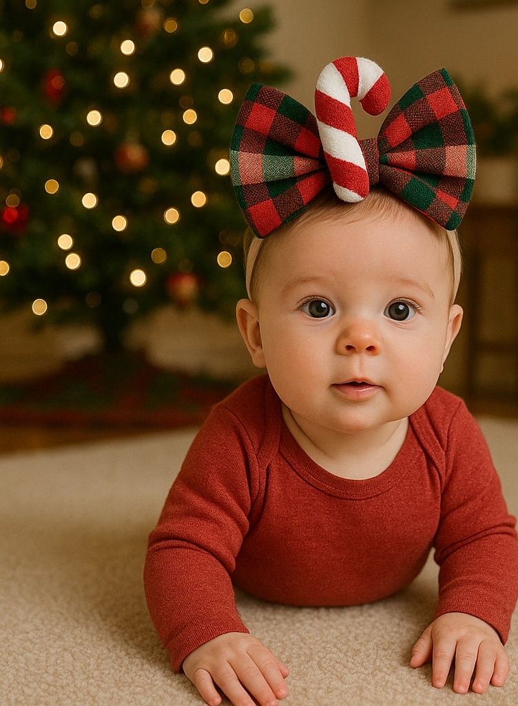 Plaid Bow & Candy Cane Baby Headband – Holiday Chic for Newborns