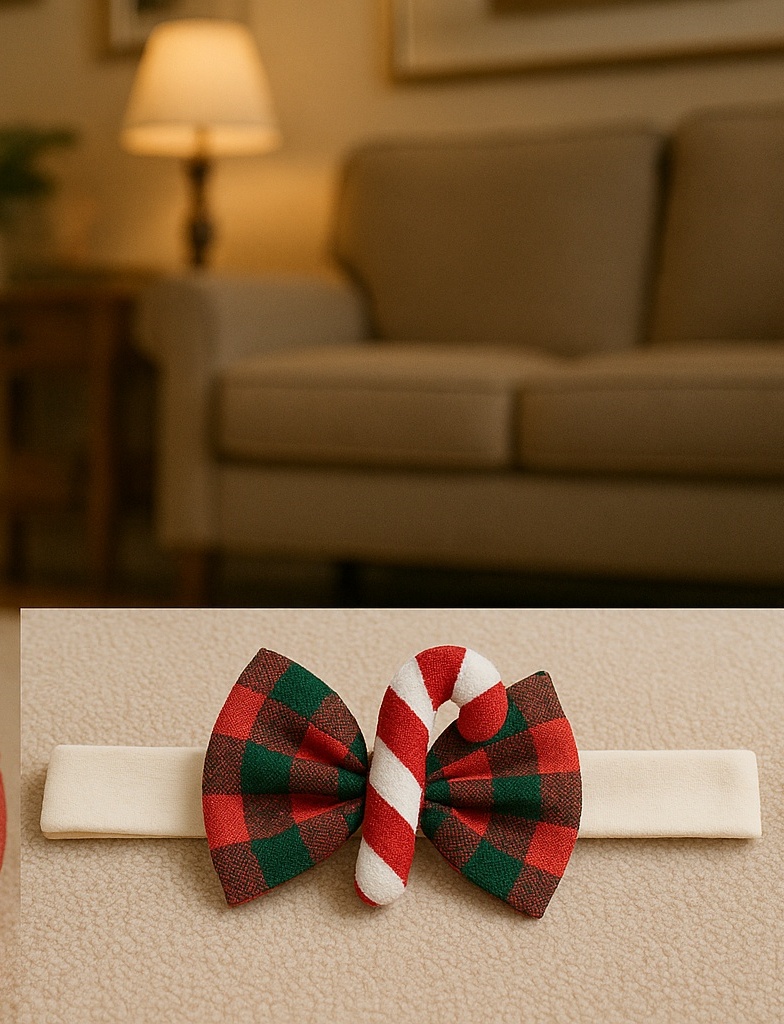 Plaid Bow & Candy Cane Baby Headband – Holiday Chic for Newborns