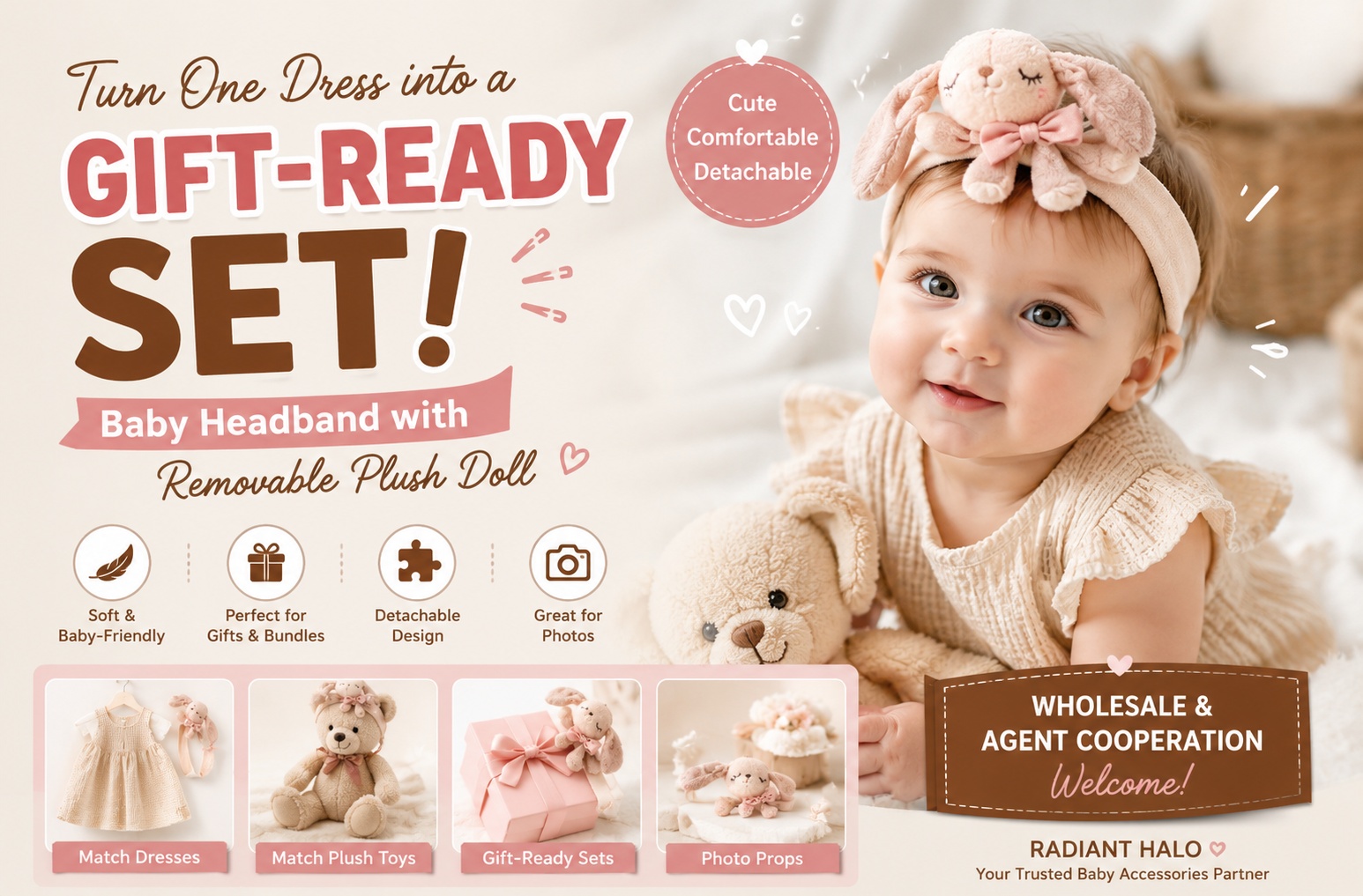 Baby Boutique Owners: Turn One Dress into a Gift-Ready Set with a Baby Headband with Removable Plush Doll 🎀