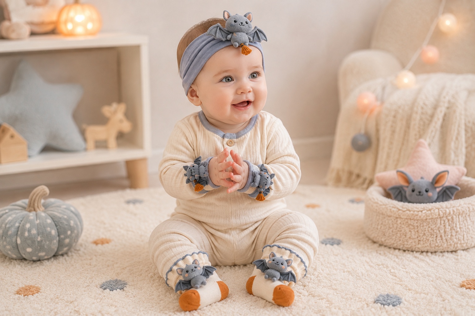 Wholesale Gray Bat Baby Gift Set – Plush Headband, Socks & Wristbands for Boutique and Seasonal Collections