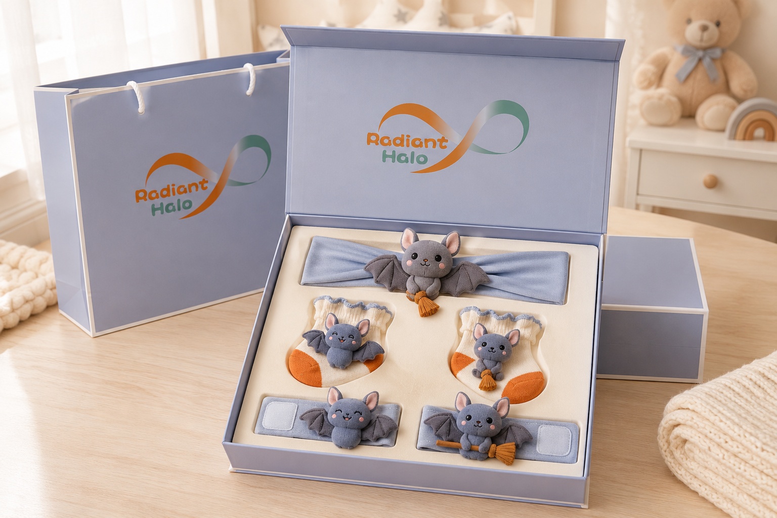 Wholesale Gray Bat Baby Gift Set – Plush Headband, Socks & Wristbands for Boutique and Seasonal Collections