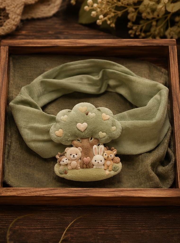 Bandeau Bébé OEM Vert Sauge avec Peluche Amovible Animaux de la Forêt pour Grossistes Boutique
