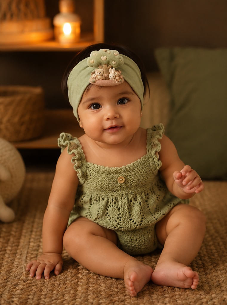 Bandeau Bébé OEM Vert Sauge avec Peluche Amovible Animaux de la Forêt pour Grossistes Boutique