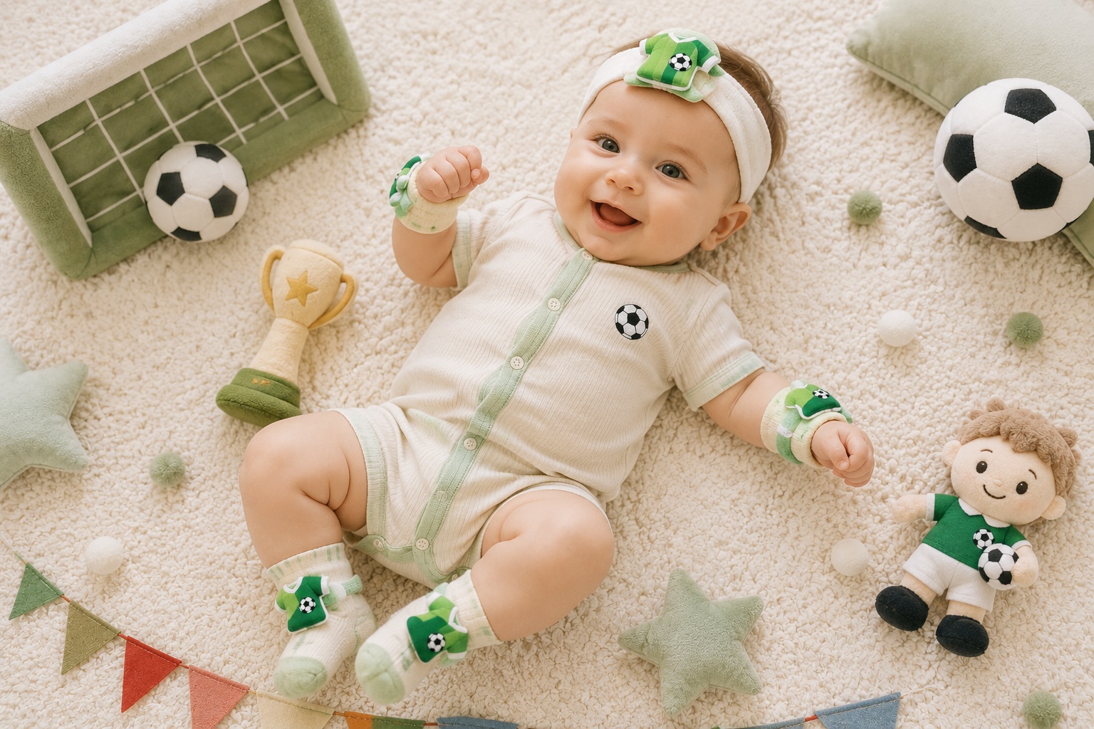 Private Label Green Soccer Baby Gift Set – Coordinated Headband, Socks & Wrist Rattle Bands