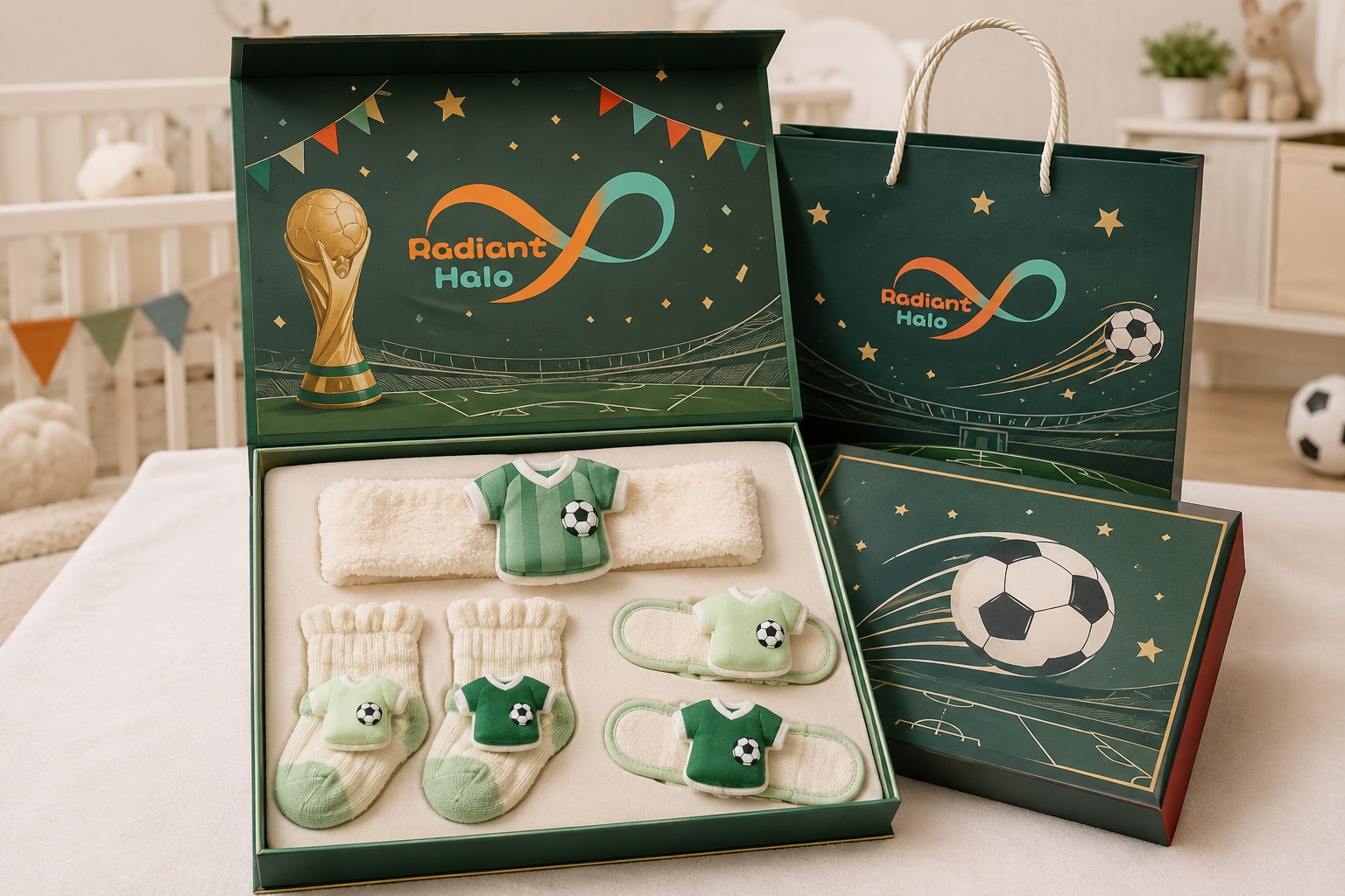 Private Label Green Soccer Baby Gift Set – Coordinated Headband, Socks & Wrist Rattle Bands