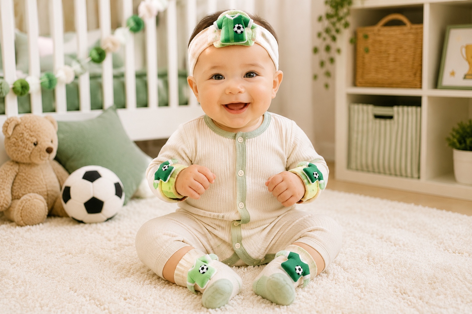 Private Label Green Soccer Baby Gift Set – Coordinated Headband, Socks & Wrist Rattle Bands