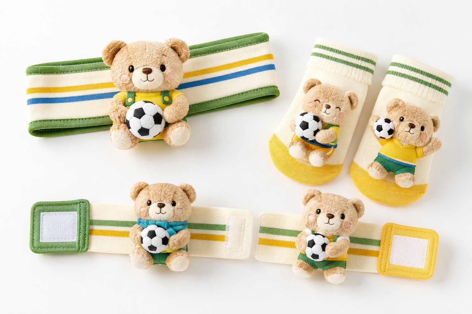 Wholesale Green Soccer Teddy Bear Baby Gift Set with Plush Headband, Socks and Wrist Rattles