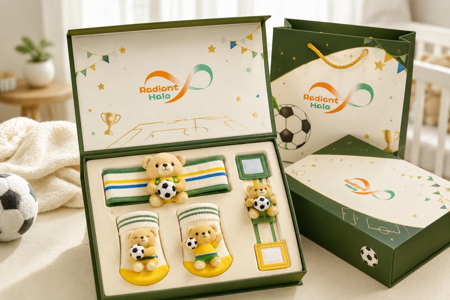 Wholesale Green Soccer Teddy Bear Baby Gift Set with Plush Headband, Socks and Wrist Rattles