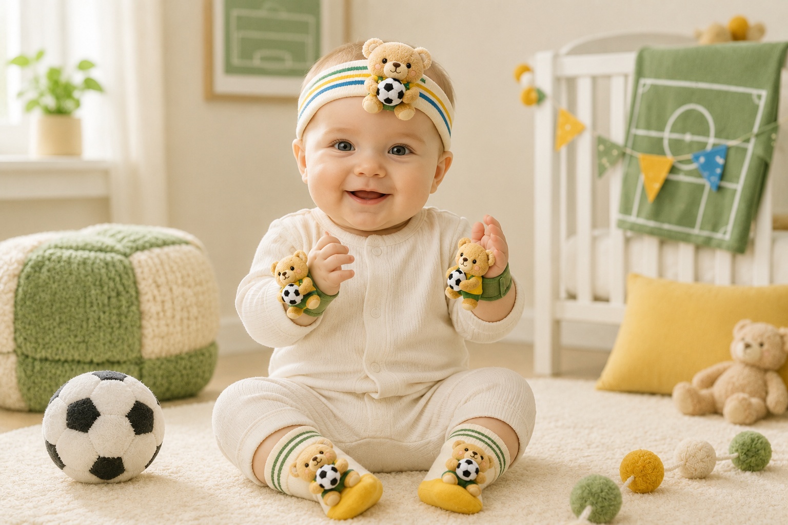 Wholesale Green Soccer Teddy Bear Baby Gift Set with Plush Headband, Socks and Wrist Rattles