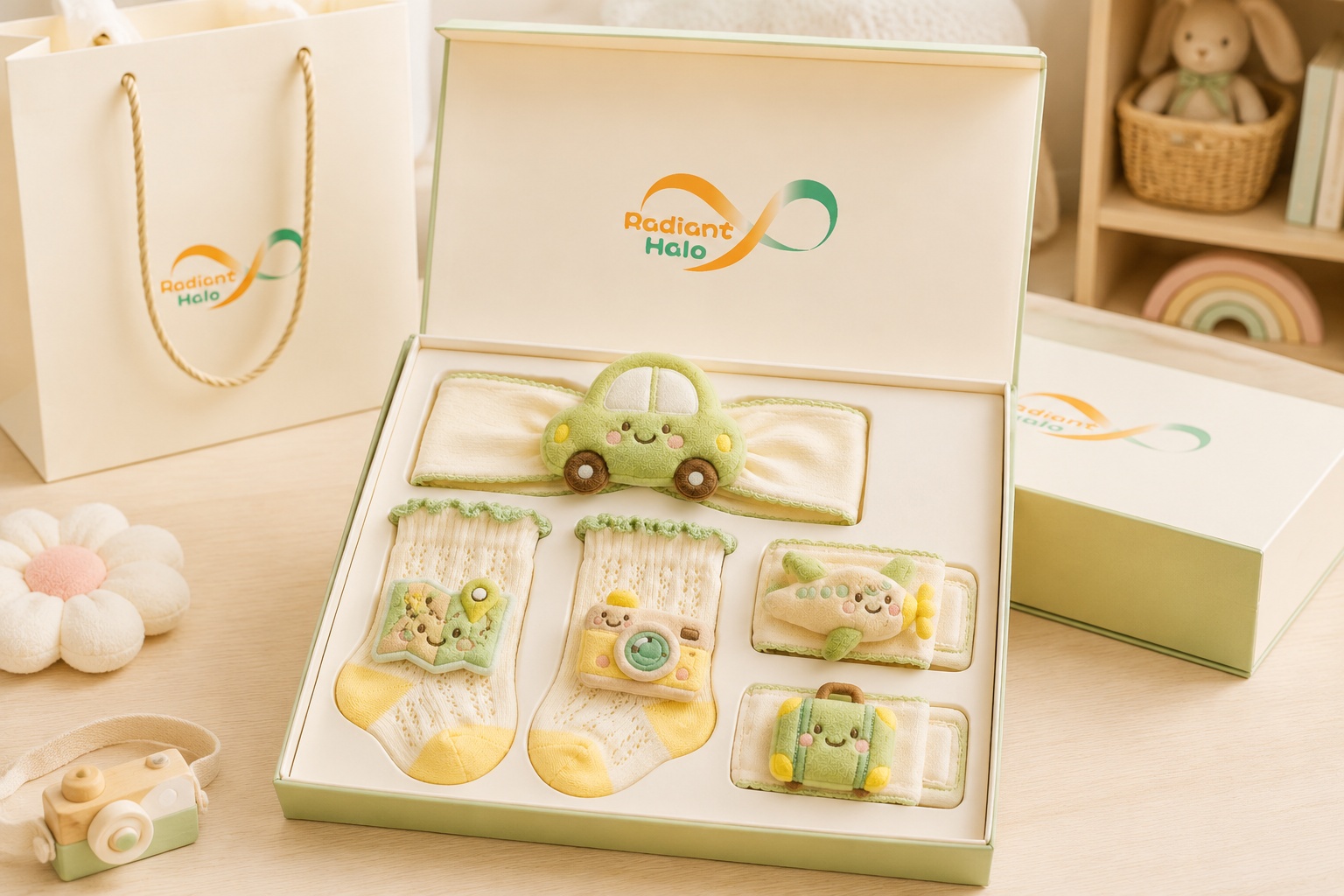 Private Label Green Travel Baby Headband Lace Socks and Wristband Gift Set for Gift Retailers