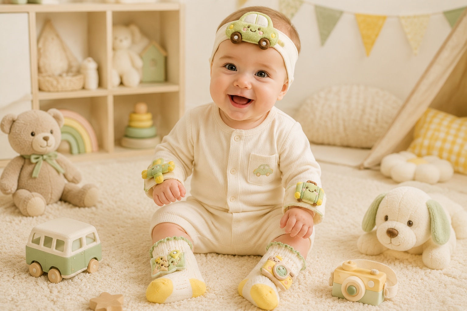 Private Label Green Travel Baby Headband Lace Socks and Wristband Gift Set for Gift Retailers