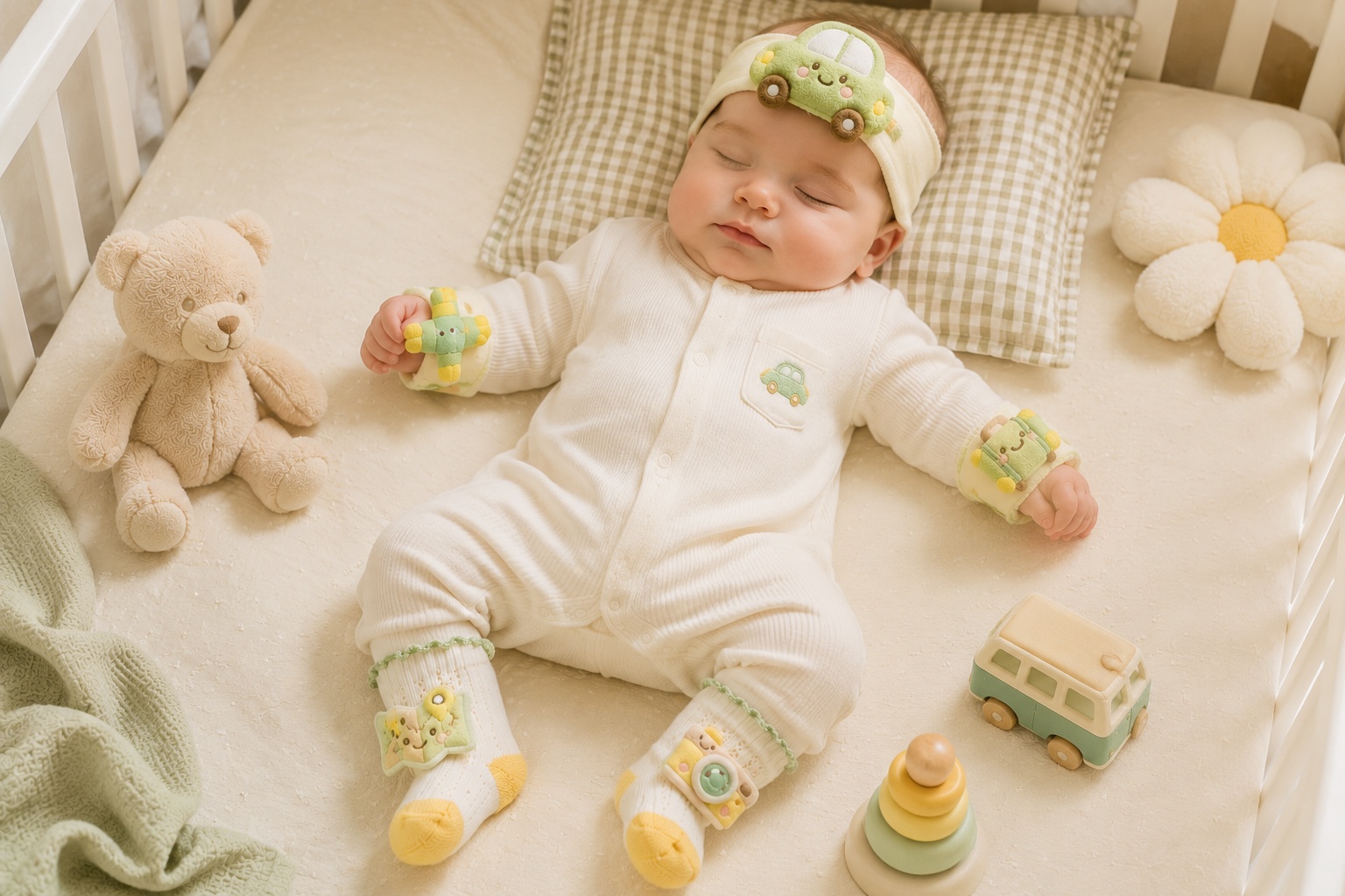 Private Label Green Travel Baby Headband Lace Socks and Wristband Gift Set for Gift Retailers