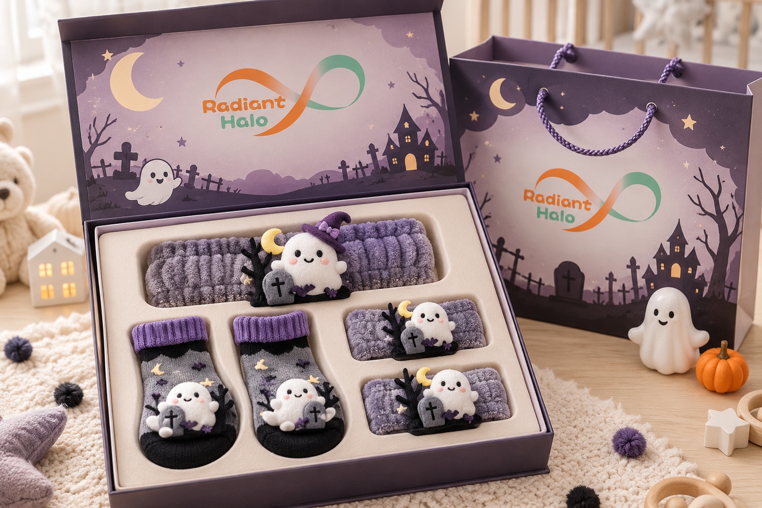 Wholesale Halloween Baby Gift Set – Gray Ghost Plush Headband, Socks & Wristbands | OEM/ODM