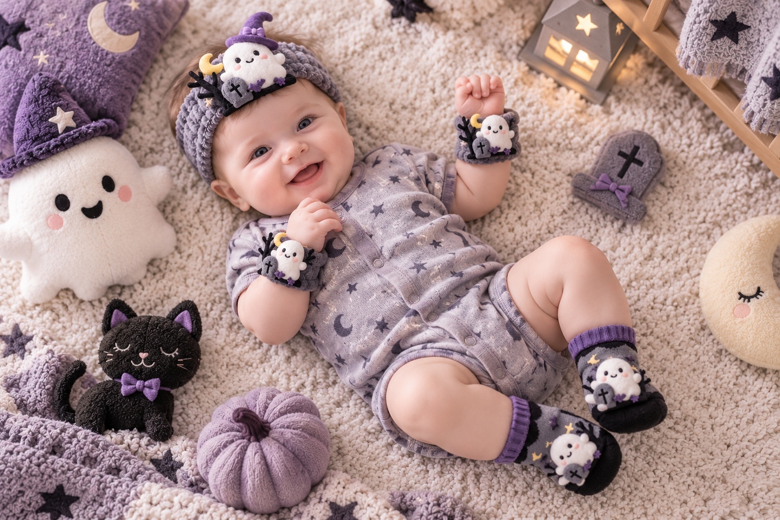 Wholesale Halloween Baby Gift Set – Gray Ghost Plush Headband, Socks & Wristbands | OEM/ODM