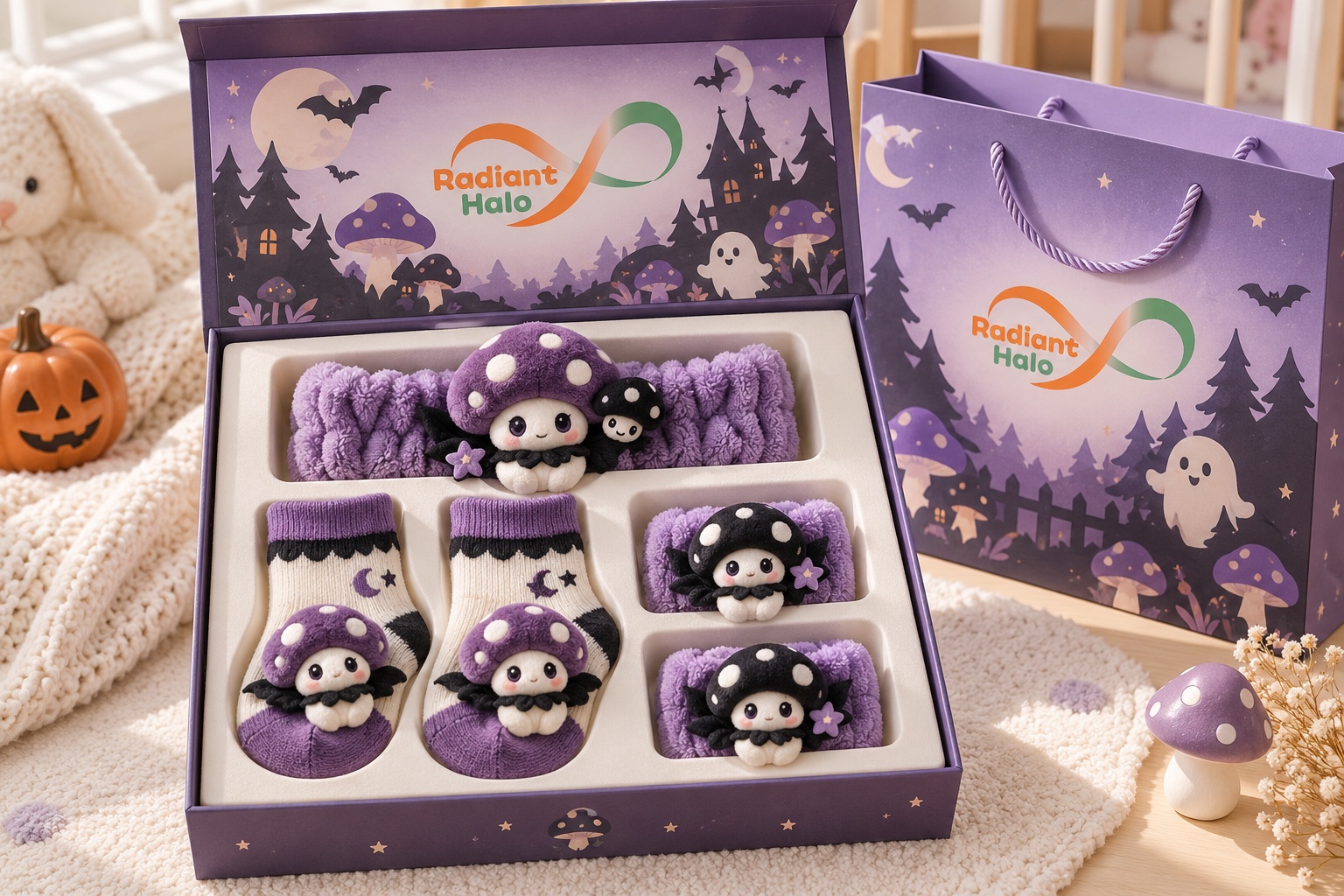 Wholesale Halloween Baby Mushroom Gift Set – Plush Headband, Socks & Wristbands for Boutique Seasonal Collections