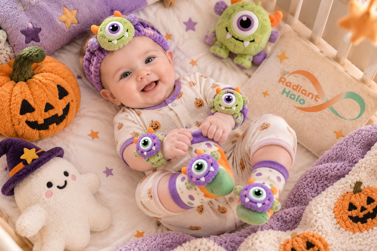 Wholesale Halloween Baby Accessory Gift Set – One-Eyed Monster Headband, Socks & Wristbands | Colorful Private Label Option