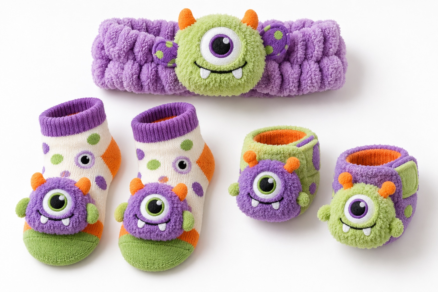 Wholesale Halloween Baby Accessory Gift Set – One-Eyed Monster Headband, Socks & Wristbands | Colorful Private Label Option