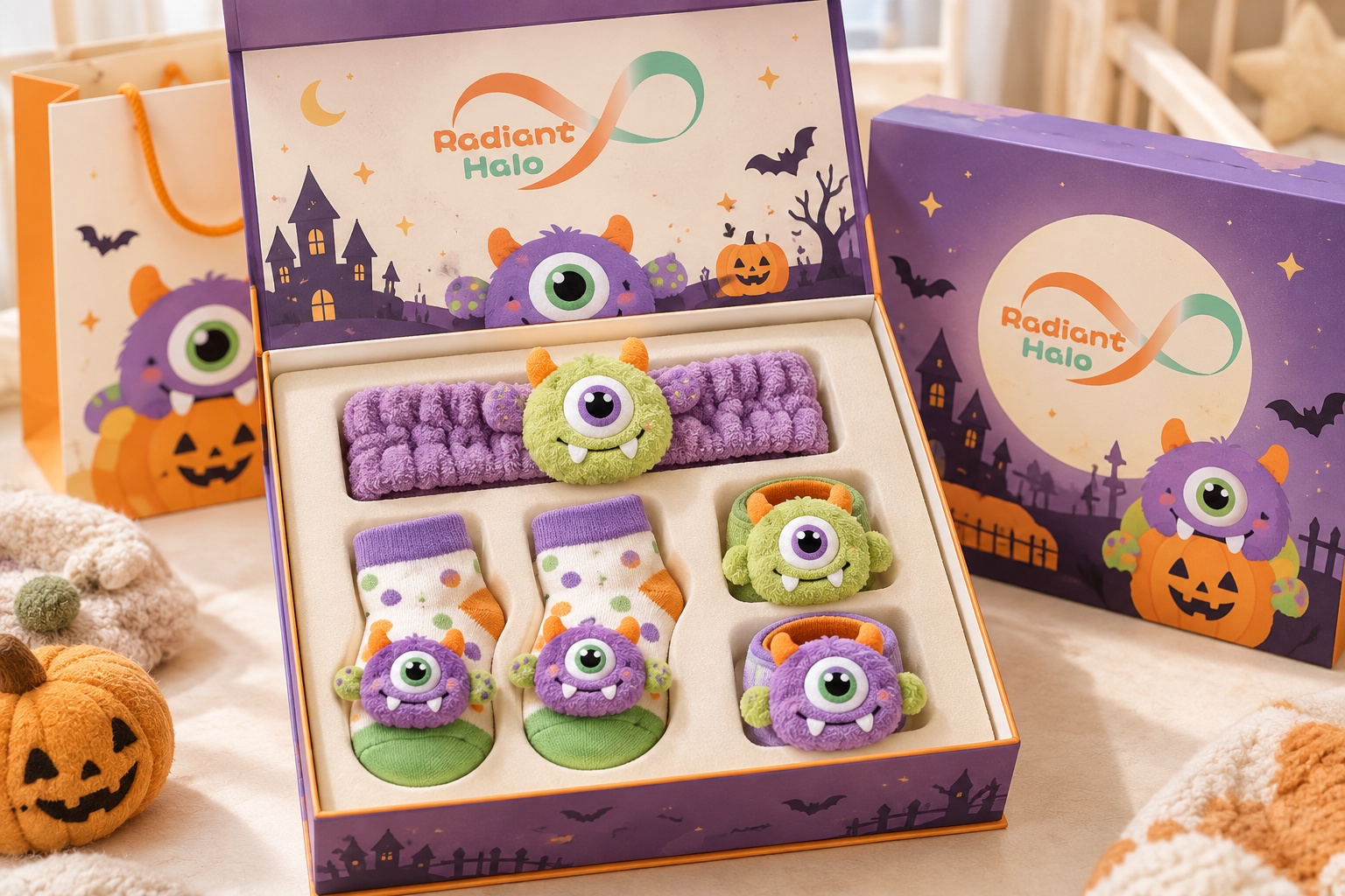 Wholesale Halloween Baby Accessory Gift Set – One-Eyed Monster Headband, Socks & Wristbands | Colorful Private Label Option