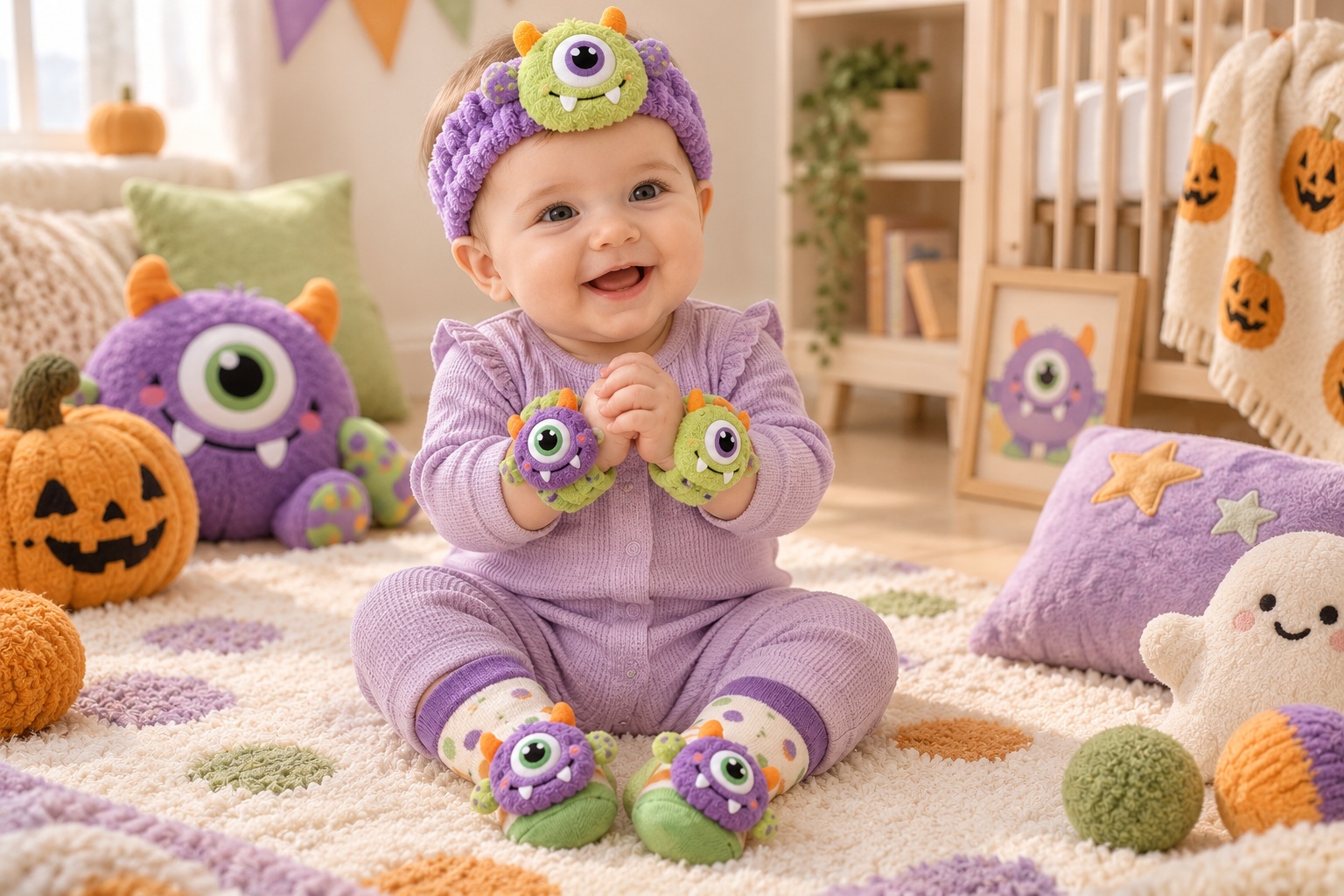 Wholesale Halloween Baby Accessory Gift Set – One-Eyed Monster Headband, Socks & Wristbands | Colorful Private Label Option