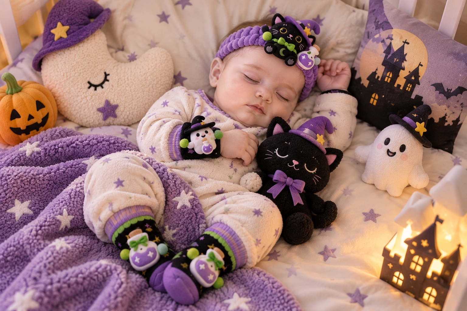 Wholesale Halloween Baby Plush Doll Headband Gift Set with Matching Socks & Wristbands – Witch Cat & Potion Theme