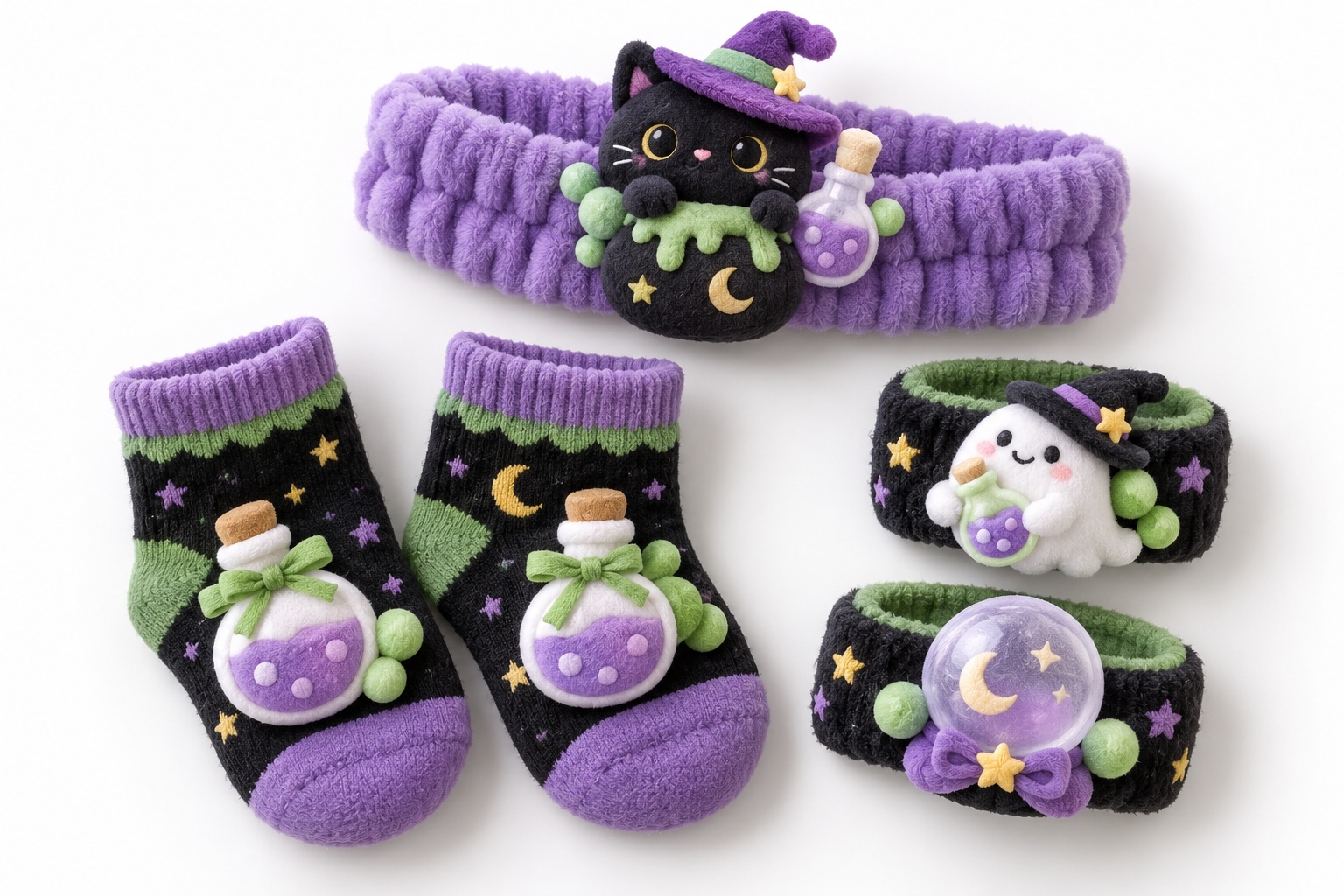 Wholesale Halloween Baby Plush Doll Headband Gift Set with Matching Socks & Wristbands – Witch Cat & Potion Theme