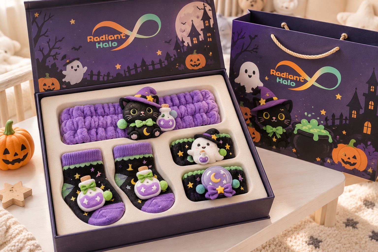 Wholesale Halloween Baby Plush Doll Headband Gift Set with Matching Socks & Wristbands – Witch Cat & Potion Theme