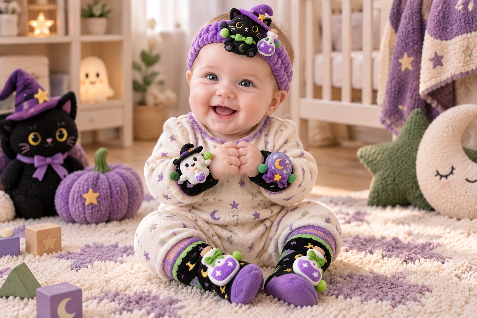 Wholesale Halloween Baby Plush Doll Headband Gift Set with Matching Socks & Wristbands – Witch Cat & Potion Theme